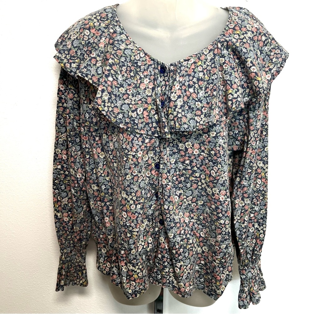 Vintage Krazy Kat Ruffle Collar 80s Floral Print Peasant Top